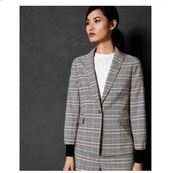 Ted Baker Jackets & Blazers - TED BAKER "Kimm" Glen Plaid Contrast Rib Cuff 1 Button Career Blazer Grey/Pink 6